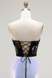 Sparkly Black Lilac Strapless Mermaid Corset Floral Long Prom Dress with Sequins