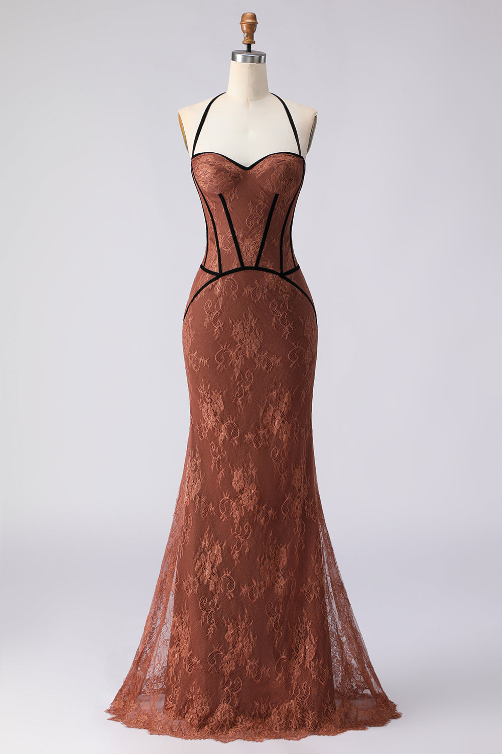 WEDTREND Women Brown Embroidered Long Prom Dress Halter Mermaid Corset Party Dress WEDTREND Women Brown Embroidered Long Prom Dress Halter Mermaid Corset Party Dress
