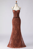Brown Halter Mermaid Embroidered Corset Long Prom Dress