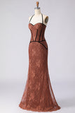 Brown Halter Mermaid Embroidered Corset Long Prom Dress
