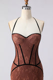 Brown Halter Mermaid Embroidered Corset Long Prom Dress