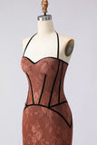 Brown Halter Mermaid Embroidered Corset Long Prom Dress