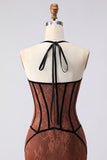 Brown Halter Mermaid Embroidered Corset Long Prom Dress