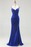 Glitter Mermaid Corset Ruched Royal Blue Long Prom Dress with Slit