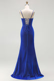 Glitter Mermaid Corset Ruched Royal Blue Long Prom Dress with Slit