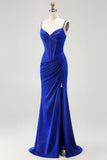 Glitter Mermaid Corset Ruched Royal Blue Long Prom Dress with Slit