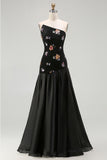 Strapless Black A-Line Floral Sequins Long Wedding Party Dress with Ruffles