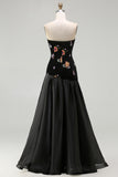 Strapless Black A-Line Floral Sequins Long Wedding Party Dress with Ruffles