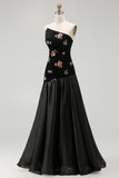 Strapless Black A-Line Floral Sequins Long Wedding Party Dress with Ruffles