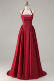 Burgundy A-Line Halter Beaded Satin Long Prom Dress with Lace Up Back