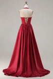 Burgundy A-Line Halter Beaded Satin Long Prom Dress with Lace Up Back