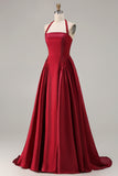 Burgundy A-Line Halter Beaded Satin Long Prom Dress with Lace Up Back