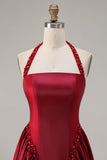Burgundy A-Line Halter Beaded Satin Long Prom Dress with Lace Up Back