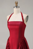 Burgundy A-Line Halter Beaded Satin Long Prom Dress with Lace Up Back