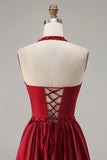 Burgundy A-Line Halter Beaded Satin Long Prom Dress with Lace Up Back