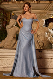 Dusty Blue Off the Shoulder Beaded Mermaid Corset Long Prom Dress with Slit