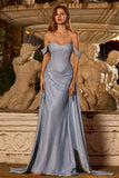 Dusty Blue Off the Shoulder Beaded Mermaid Corset Long Prom Dress with Slit