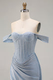 Off the Shoulder Beaded Dusty Blue Mermaid Corset Long Prom Dress with Slit