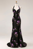 Black Halter Mermaid Velvet Embroidered Sequin Long Prom Dress with Slit