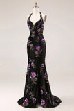 Black Halter Mermaid Velvet Embroidered Sequin Long Prom Dress with Slit