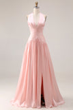 Halter Blush Pink A Line Pleated Long Prom Dress with Slit