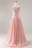 Halter Blush Pink A Line Pleated Long Prom Dress with Slit