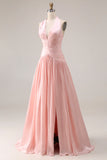 Halter Blush Pink A Line Pleated Long Prom Dress with Slit