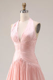 Halter Blush Pink A Line Pleated Long Prom Dress with Slit