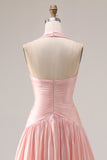 Halter Blush Pink A Line Pleated Long Prom Dress with Slit