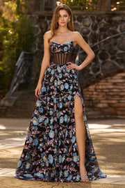 Black Flower Strapless A-Line Sheer Corset Lace Up Back Long Prom Dress with Sequins