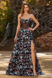 Black Flower A-Line Strapless Sheer Corset Lace Up Back Long Prom Dress with Sequins