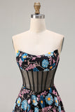Black Flower A-Line Strapless Sheer Corset Lace Up Back Long Prom Dress with Sequins