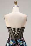 Black Flower A-Line Strapless Sheer Corset Lace Up Back Long Prom Dress with Sequins