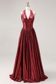 Metallic Burgundy Halter Basque Corset A Line Pleated Prom Dress with Slit