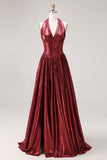 Metallic Burgundy Halter Basque Corset A Line Pleated Prom Dress with Slit