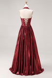 Metallic Burgundy Halter Basque Corset A Line Pleated Prom Dress with Slit