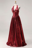 Metallic Burgundy Halter Basque Corset A Line Pleated Prom Dress with Slit