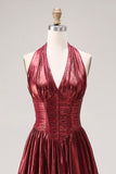 Metallic Burgundy Halter Basque Corset A Line Pleated Prom Dress with Slit