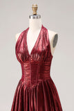 Metallic Burgundy Halter Basque Corset A Line Pleated Prom Dress with Slit
