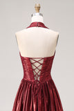 Metallic Burgundy Halter Basque Corset A Line Pleated Prom Dress with Slit