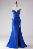 Royal Blue Sweetheart Beaded Mermaid Long Prom Dress with Slit