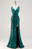 Sparkly Peacock Green Mermaid Sequin Long Prom Dress with Slit
