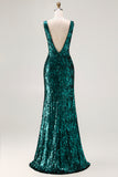 Sparkly Peacock Green Mermaid Sequin Long Prom Dress with Slit