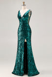 Sparkly Peacock Green Mermaid Sequin Long Prom Dress with Slit