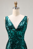 Sparkly Peacock Green Mermaid Sequin Long Prom Dress with Slit
