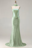 Sage Green Mermaid Strapless Beaded Satin Long Prom Dress with Streamer