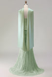 Sage Green Mermaid Strapless Beaded Satin Long Prom Dress with Streamer