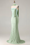 Sage Green Mermaid Strapless Beaded Satin Long Prom Dress with Streamer