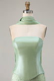 Sage Green Mermaid Strapless Beaded Satin Long Prom Dress with Streamer