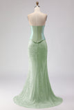 Sage Green Mermaid Strapless Beaded Satin Long Prom Dress with Streamer